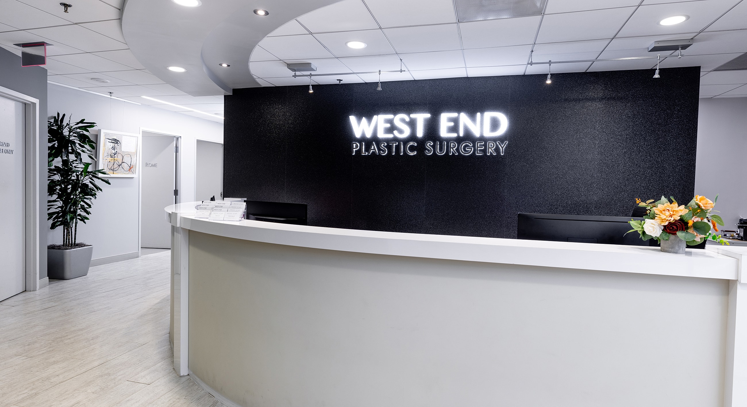 Modern reception area of plastic surgery clinic.