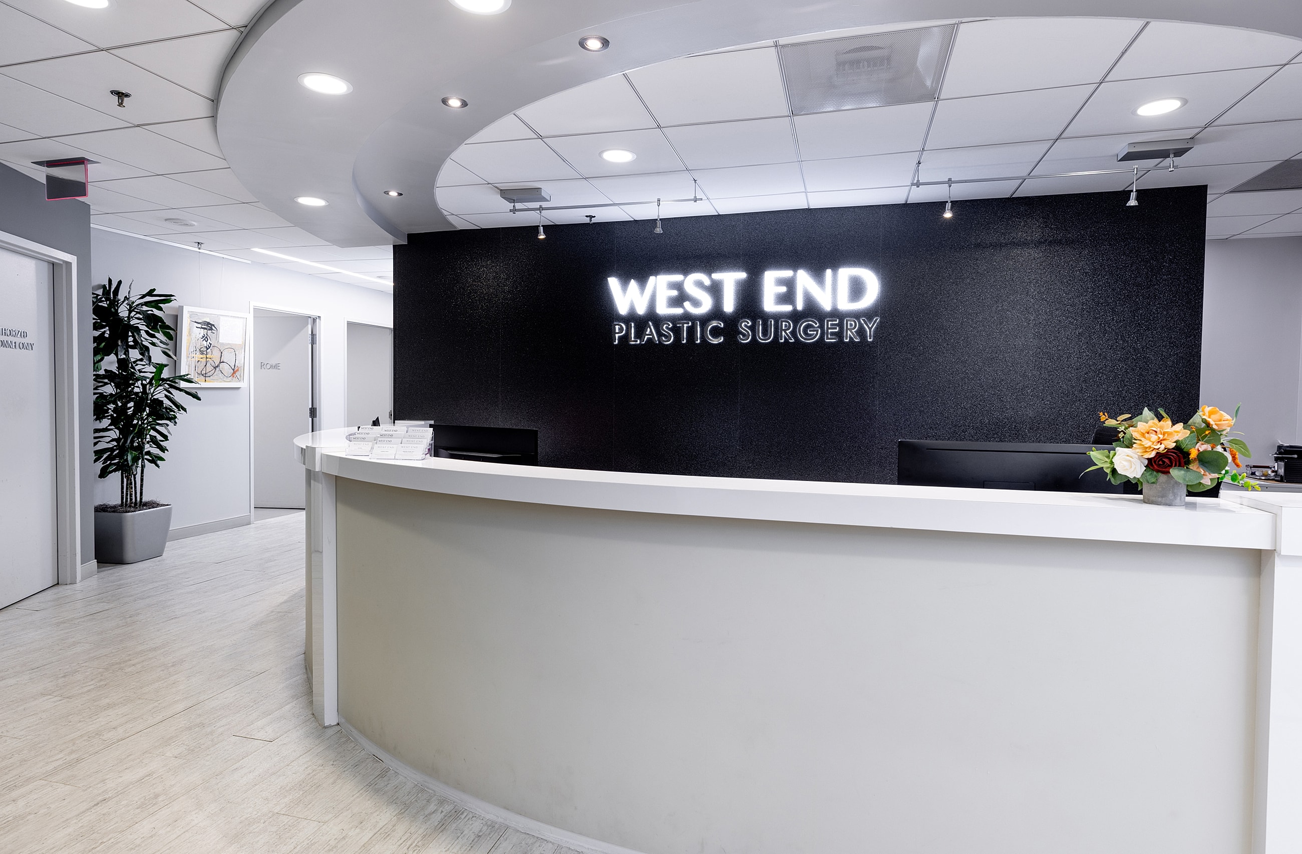 Modern reception area of a plastic surgery clinic.